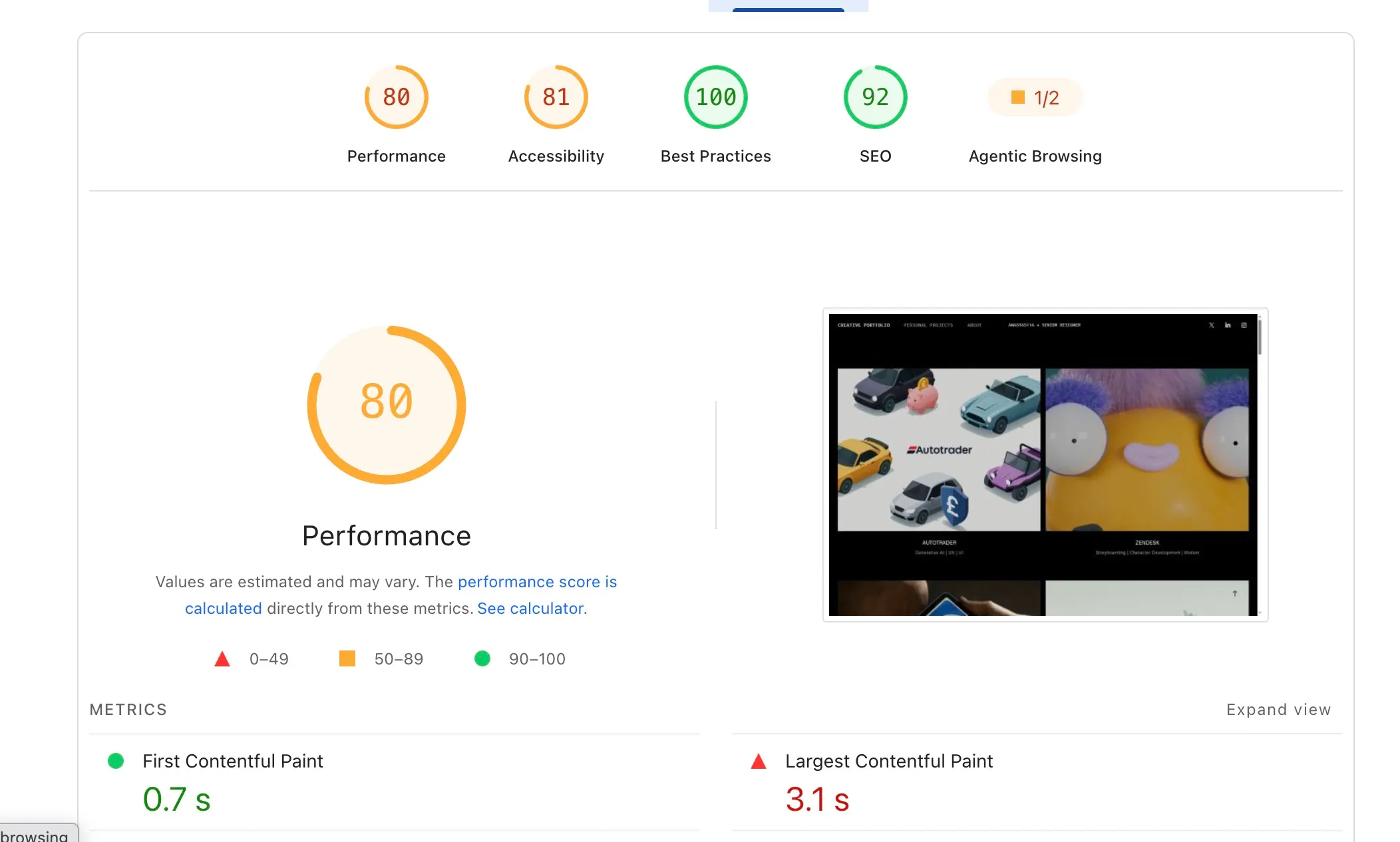 PageSpeed Insights for the Adobe original: performance 80, largest paint 3.1 s
