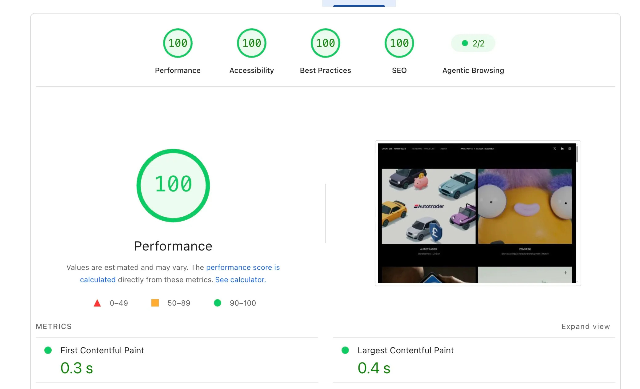PageSpeed Insights for the new site: 100 in every category, largest paint 0.4 s